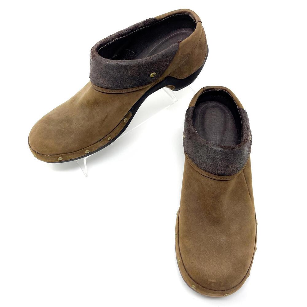 Merrell Luxe Wrap‎ SlipOn Clogs Nubuck Leather Chocolate Brown Studded Shoes 10